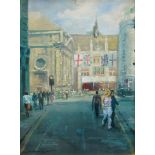 David Mynett, British 1942-2013- London street scene; watercolour and gouache, signed lower left,