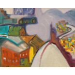 Israeli School, mid-20th century- Abstract street scene; oil on canvasboard, signed lower left,