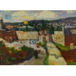 European School, 20th century- View of a city; oil on canvas, signed lower right, 30 x 40 cmPlease