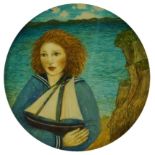 Lyndsay Cook, British school, late 20th/early 21st century- Yachting lady; oil on circular panel,