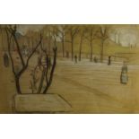 European School, late 19th century- Figures promenading in a park; black and coloured chalk on brown