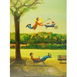 Contemporary School, Figure dreaming in a park; oil on canvas, signed lower right, 81.5 x 60 cm