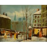 French School, mid/late 20th century- Snowy street scene; oil on canvas board, signed lower right,