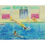 British School, late-20th century- Swimming pool; pastel on paper, 44.5 x 57 cm Please refer to