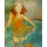 British School, mid/late 20th century- Portrait of a woman wading in shallow water; oil and mixed