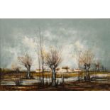 Maurits Schelk, Belgian 1906-1978- Winter landscape with a flooded fields and pollarded trees and