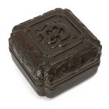 A Chinese zitan square box and cover, 18th century, carved to the cover with a coiled chilong inside