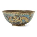 A Chinese 'winged dragons' cloisonné-enamel bowl, 16th century, finely enamelled around the exterior