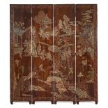 A Chinese coromandel lacquer four-panel 'festival' floor screen, late Qing dynasty, carved to both