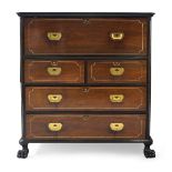 An Anglo-Chinese huanghuali, teak, ebony, and ivory-strung campaign secretaire chest, Daoguang