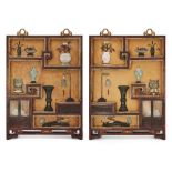 A pair of large Chinese lacquered jade and hardstone inlaid 'trompe l'oeil' display cabinet