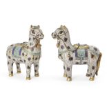 A pair of Chinese champlevé and cloisonné-enamel horses, 18th century, each modelled standing with