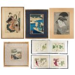 A Japanese painting, a Japanese album, three Japanese woodblock prints, 19th century, the album
