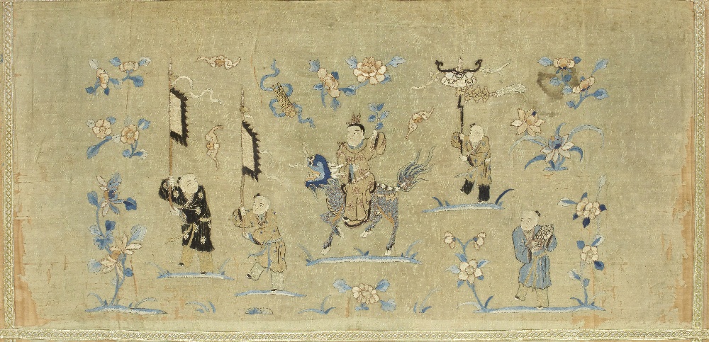 A large Chinese silk embroidery 'boys' panel, 18th century, decorated with children playing amid