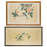 Two Japanese paintings, 20th century, comprising a fan leaf painted on silk with two blue birds