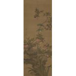 A Japanese painting of parrots and flowers, Meiji period, ink and colour on silk, hanging scroll,