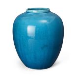 A large Japanese monochrome turquoise jar, late 19th century, of ovoid form, 30cm high 十九世紀晚期