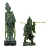 Two Chinese figurative green hard stone carvings, 20th century, comprising of a standing lady in