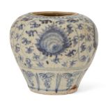 An Annamese blue and white jar, 15th/16th century, with a tapered foot, the exterior painted with