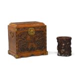 A Chinese huali brushpot and travel chest, guanpixiang, late Qing dynasty, the brush pot carved to