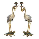A pair of Chinese cloisonné-enamel 'crane and turtle' form candle sticks, 19th century, with each