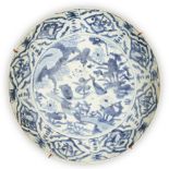 A large Chinese Swatow blue and white 'duck' charger, Ming dynasty, 16th century, painted to the