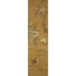 19th century Chinese school, ink and colour on silk, hanging scroll, painted with two birds perching