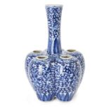 A Chinese blue and white six-section tulip vase, 19th century, formed with five lobes and a flared