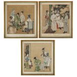 Three Chinese figurative paintings, 19th century, ink and colour on silk, depicting indoor scenes of