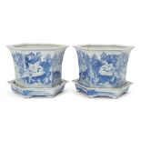 A pair of Chinese blue and white hexagonal jardinieres with stands, 18th century, each standing on