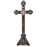 A Chinese rosewood and mother-of-pearl inlaid cross, 18th century, decorated with lotus flowers