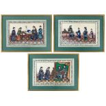 A set of three Chinese pith paper paintings, late 19th century, two paintings depicting meetings