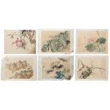 Six Chinese paintings, ink and colour on silk, depicting various subjects including bat on