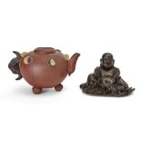 A Chinese Yixing stoneware 'hundred fruits' teapot and cover and a bronze figure of Hotei,