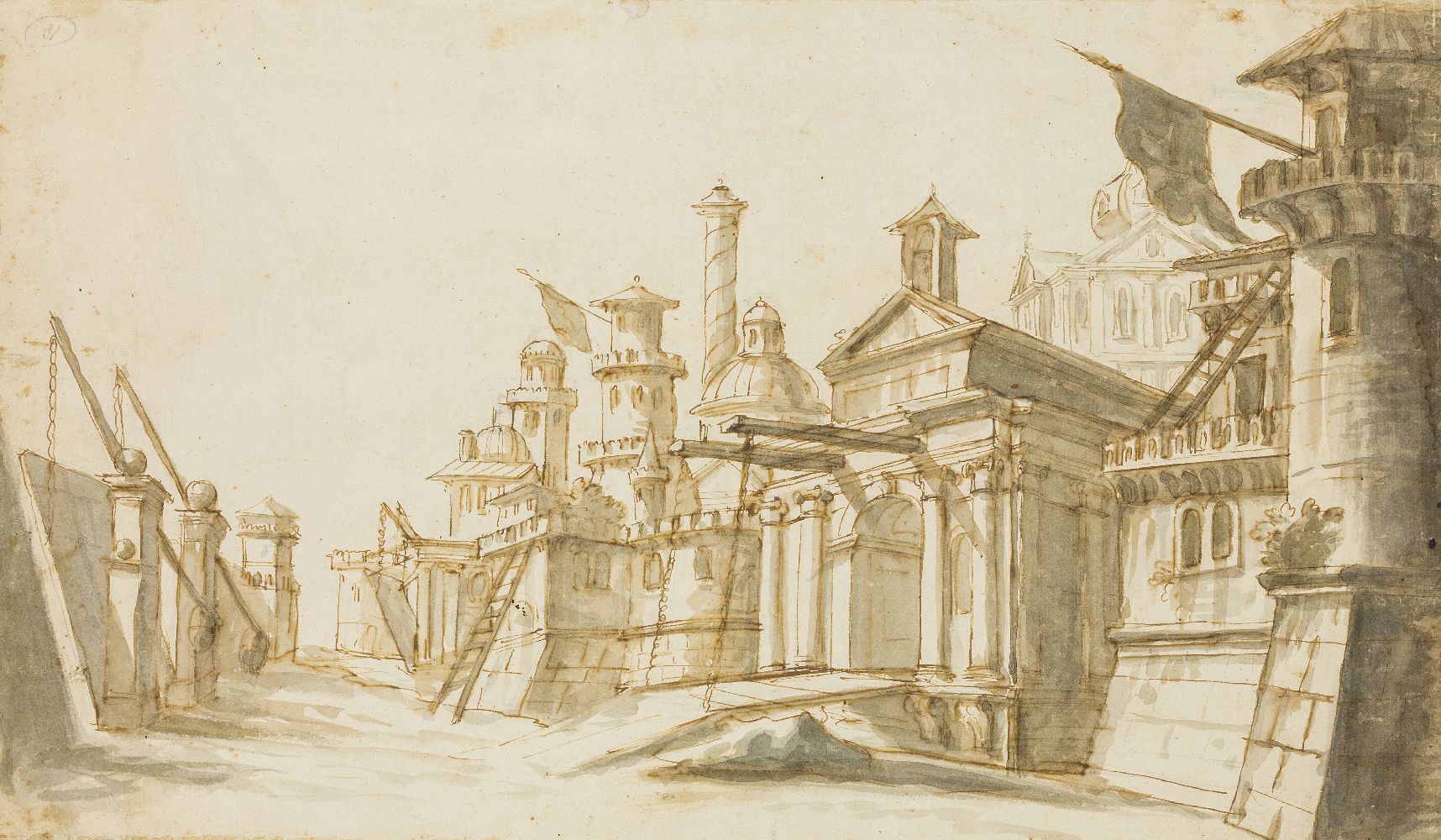 Italian School, 18th century- A Venetian capriccio; pen and brown ink and grey wash on laid paper,