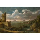 Circle of Agostino Tassi, Italian 1578-1644- Mediterranean harbour scene with shipping and a