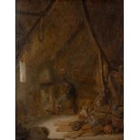 Adriaen Jansz. van Ostade, Dutch 1610-1685- The Interior of a barn, with two peasants by a fire; oil