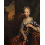 Follower of Caspar Netscher, Dutch 1639-1684- Portrait of a lady, three-quarter length, seated in