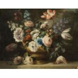 Circle of Gerard van Spaendonck, Dutch 1746-1822- Still life of flowers on a ledge; oil on canvas,