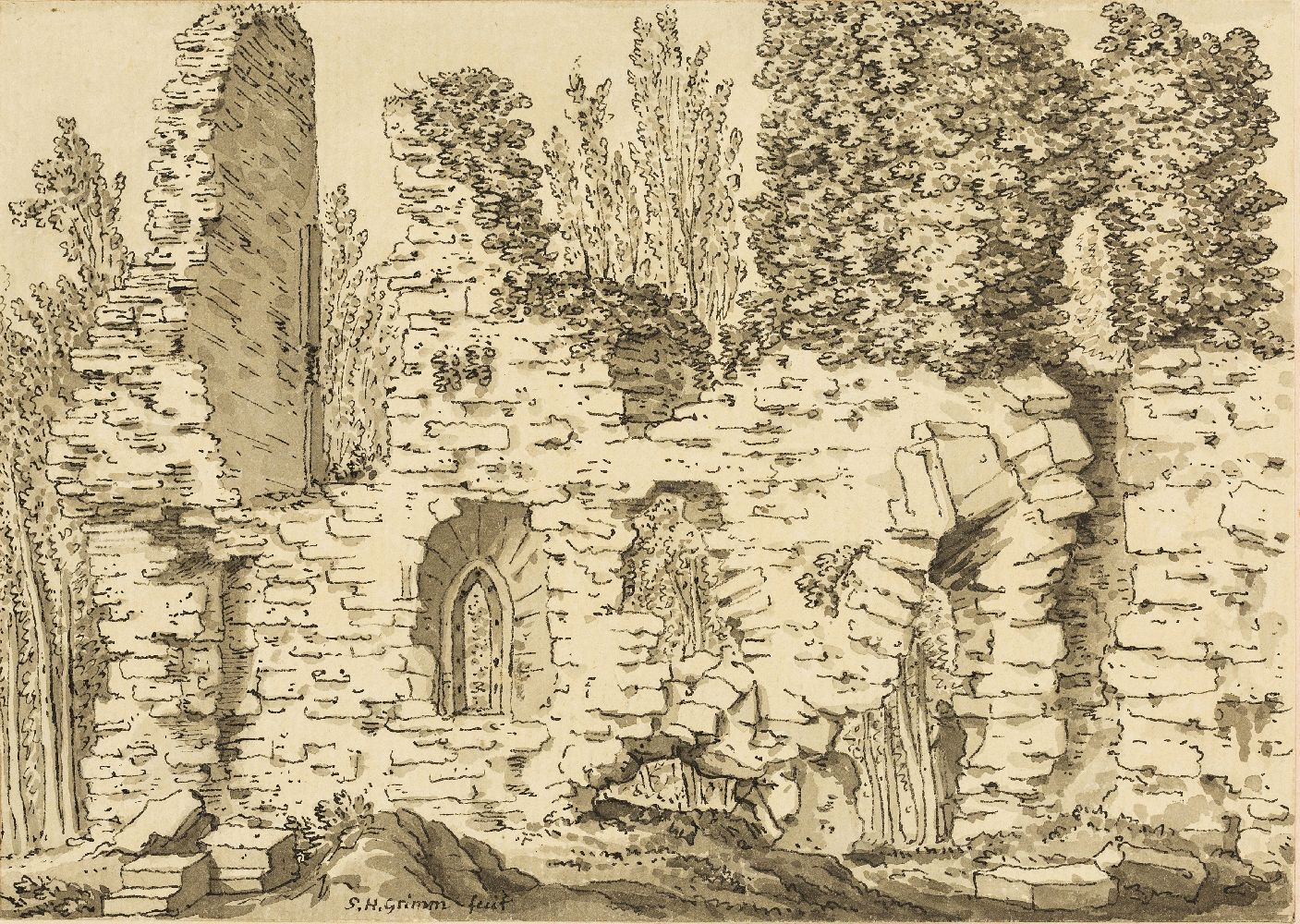 Samuel Hieronymus Grimm, Swiss 1733-1794- Ruins of Verdley Castle, Sussex; pen and black ink, and