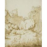 Northern European School, early 18th century- Study of a ruin with woodland and figures on a path;
