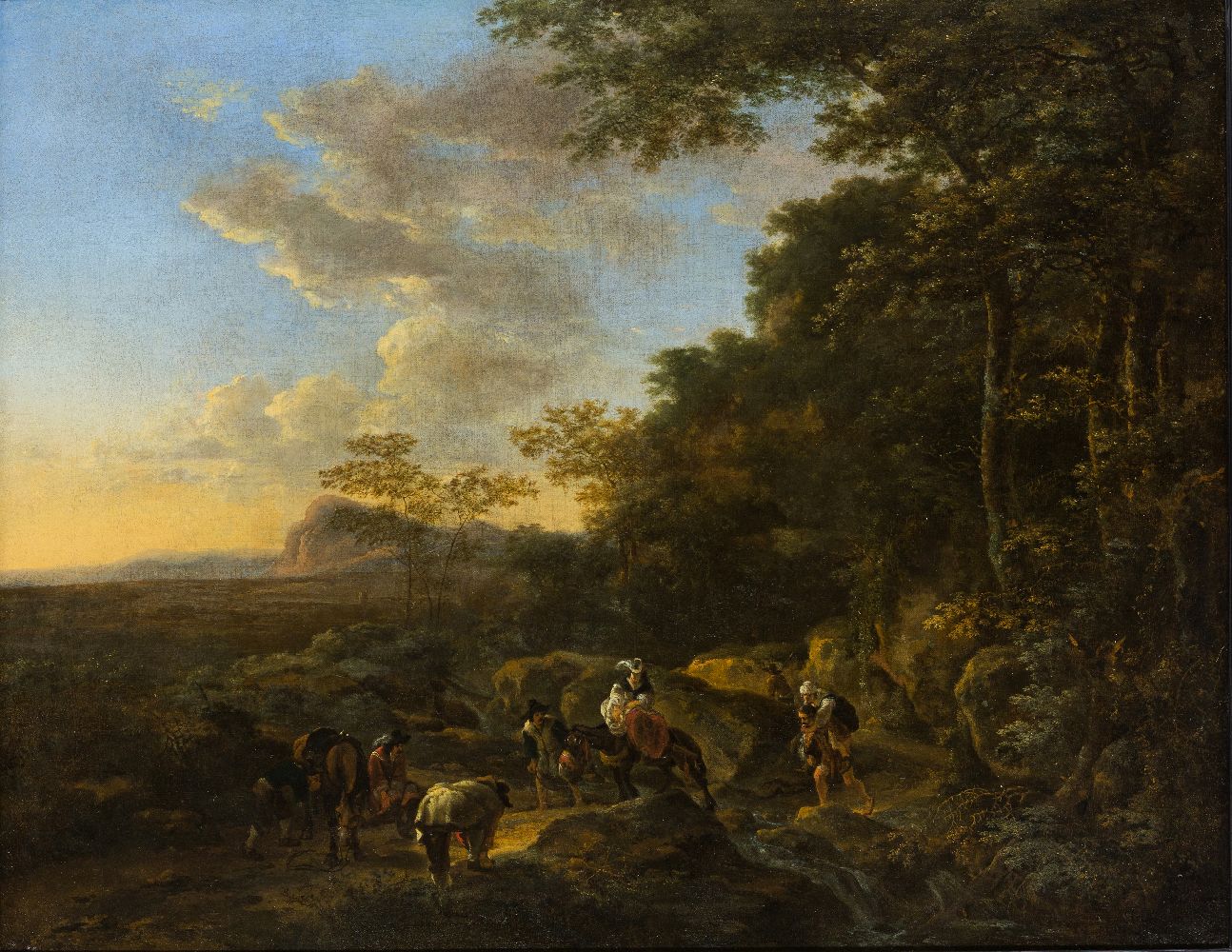 Jan Dirksz. Both, Dutch 1615-1652- A wooded landscape with travellers crossing a ford; oil on