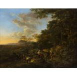 Jan Dirksz. Both, Dutch 1615-1652- A wooded landscape with travellers crossing a ford; oil on