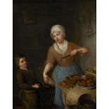 Attributed to Nicolaas Rijnenburg, Dutch 1716-c.1802- A pantry scene with a maid and boy weighing