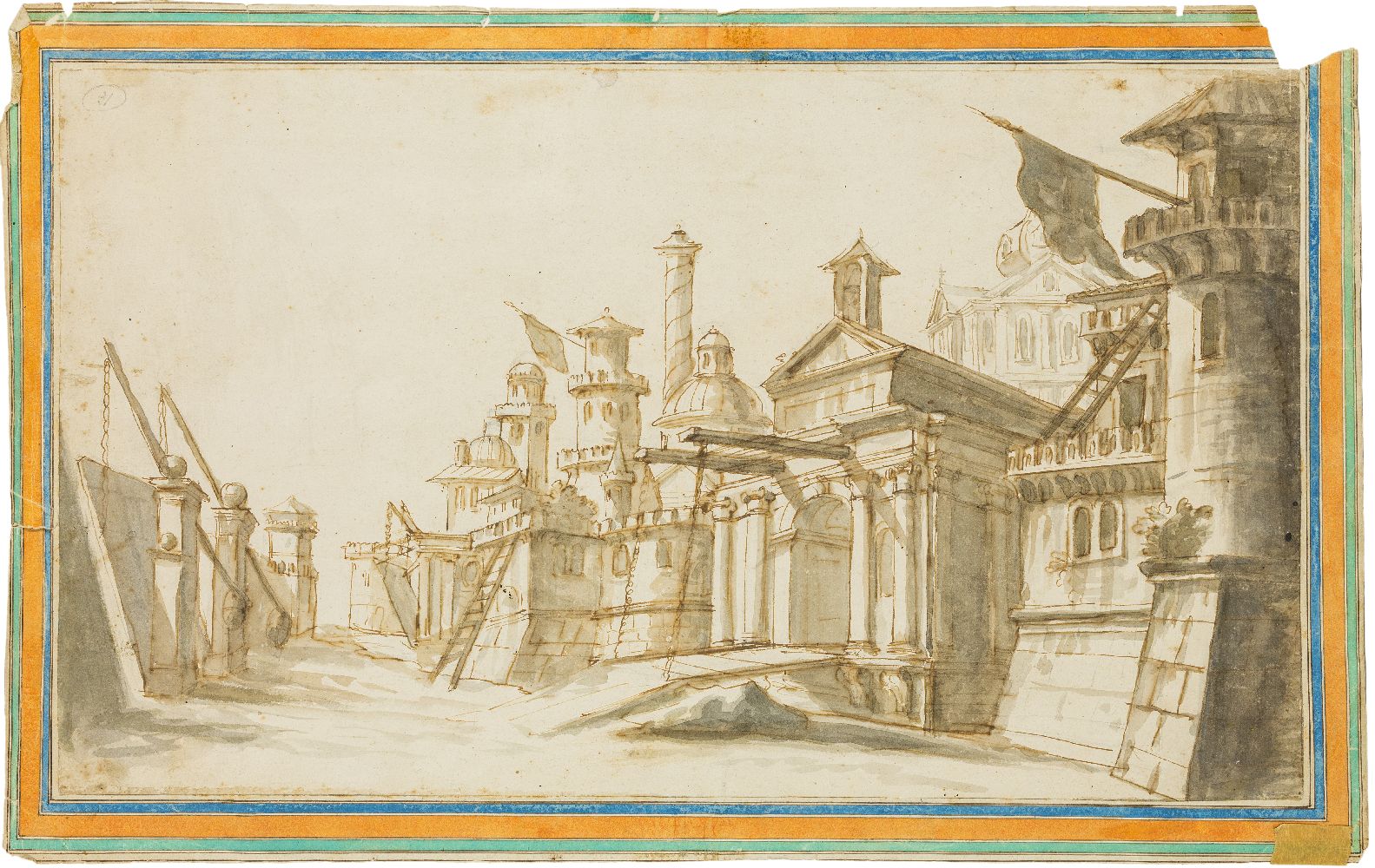 Italian School, 18th century- A Venetian capriccio; pen and brown ink and grey wash on laid paper, - Image 2 of 3