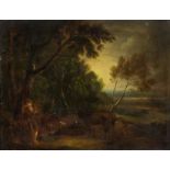 Manner of Aelbert Jacobsz. Cuyp, Dutch, mid 18th century- An Italianate evening wooded landscape