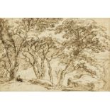 Franz Kobell, German 1749-1822- Wooded landscape with a figure seated by a tree; pen and brown ink