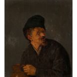 Adriaen Jansz. van Ostade, Dutch 1610-1685- A Peasant man wearing a cap and holding a jug; oil on