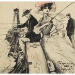 Dudley Hardy, RBA RI RMS ROI PS, British 1867-1922- Fishing on the jetty; pen and black ink, and