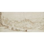 Giovanni Francesco Grimaldi, called il Bolognese, Italian 1606-1680- Landscape with a town encircled